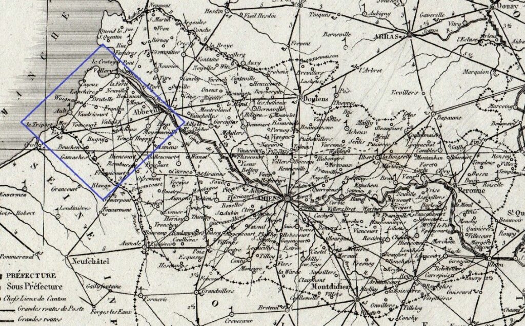 Le Vimeu est un losange de terre, dont les frontières nord-est et sud-ouest sont les vallées de la Somme et de la Bresle, et dont les frontières nord-ouest et sud-est sont la côte de la Manche et la route d'Abbeville à Blangy-sur-Bresle.